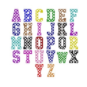 May include: A complete set of twenty-six uppercase letters from A to Z, each featuring a distinct checkered pattern. The letters are displayed in various colors including purple, blue, yellow, green, brown, teal, black, red, gray, pink, and orange.