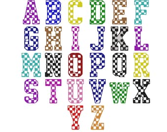 Diseño de bordado a máquina estilo universitario, monograma con alfabeto a cuadros, letras de tablero de ajedrez estilo deportivo universitario, descarga digital instantánea.