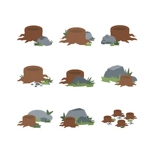 Puede incluir: Nueve ilustraciones de tocones de árboles, rocas y hierba sobre un fondo blanco. Los tocones son marrones con detalles texturizados. Las rocas son grises y la hierba es verde. Las ilustraciones están dispuestas en tres filas de tres.