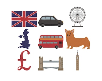 Paquete de diseños de bordado de elementos de la ciudad de Londres, archivo de bordado a máquina de iconos de Londres, descarga instantánea, 7 tamaños