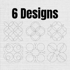 Peut inclure: Un graphique numérique présentant le texte 6 Designs en lettres noires grasses au-dessus de six motifs géométriques distincts en traits fins. Chaque motif est composé de lignes noires formant des formes symétriques, cercles et pétales.