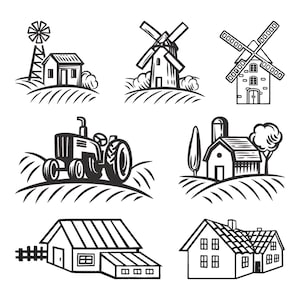 Może przedstawiać: Czarno-białe ilustracje elementów farmy, w tym wiatraka, stodoły, traktora i domu wiejskiego. Obrazy są osadzone na tle falistych wzgórz i pól, przywołując wiejski motyw.