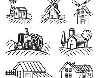 Farm Windmill Tractor Line Art Design, Farm Machine Embroidery File, 8 Size, Instant Download