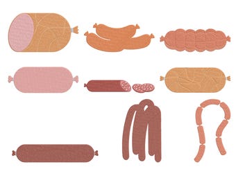Sausage Deli Meat Embroidery Design Bundle, BBQ Kitchen Machine Embroidery File, Instant Download, 9 Size