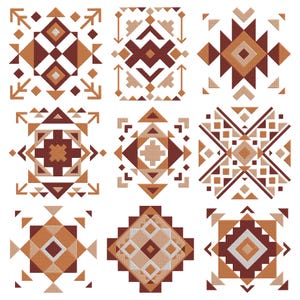 May include: Nine geometric designs with a Southwestern theme. Each square features a unique pattern of triangles, diamonds, and other shapes in shades of brown, tan, and cream. The designs are arranged in a 3x3 grid on a white background.