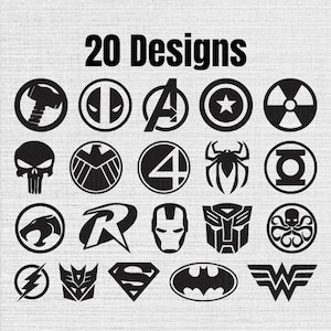 Puede incluir: Una colección de 20 iconos gráficos negros dispuestos en una cuadrícula sobre un fondo claro texturizado. Los diseños incluyen varios símbolos de superhéroes y cómics como un martillo, una calavera, una araña, un rayo y una silueta de murciélago.