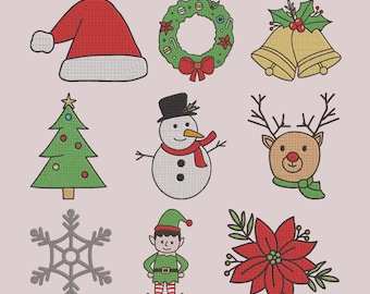 Diseños de bordado a máquina con elementos navideños, paquete festivo de 9 piezas, descarga instantánea PES DST