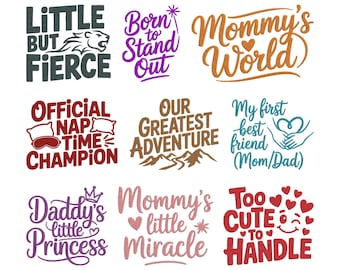 Diseño de bordado con frase "Bebé", archivo de bordado a máquina con tipografía "Mamá y Papá", 9 diseños, 7 tamaños, descarga instantánea