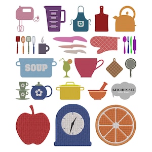 Könnte beinhalten: Eine Sammlung farbenfroher Illustrationen zum Thema Küche. Enthält einen Mixer, einen Messbecher, eine Schürze, ein Schneidebrett, einen Wasserkocher, Utensilien, Messer, einen Ofenhandschuh, einen Suppentopf, einen Cocktail, eine Tasse, eine Teekanne, einen Topf, einen Mörser und Stößel, eine Uhr, einen Apfel und eine Orangenscheibe.