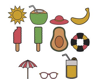 Paquete de diseños de bordado con elementos tropicales de verano, archivo de bordado a máquina de vacaciones en la playa, descarga instantánea, 9 tamaños.