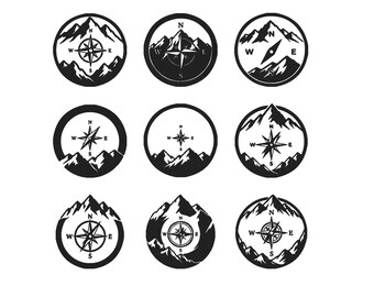 Mountain Compass Silhouette Embroidery Design Bundle, Bigfoot Adventure Nature Compass Machine Embroidery File, Instant Download, 9 Sizes