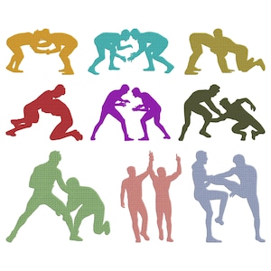 May include: A collection of nine colorful wrestling-themed graphics. Each graphic depicts two wrestlers in various action poses, including grappling and standing. The silhouettes are in shades of yellow, teal, green, red, purple, and peach.