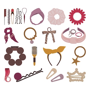 Peut inclure: Une sélection d'accessoires pour cheveux, comprenant des peignes, des épingles à cheveux, des bandeaux, des chouchous et des barrettes. Les accessoires sont de différentes couleurs, comme le rose, le marron et le jaune. L'image est une présentation à plat des articles.