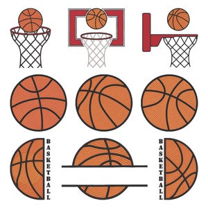 May include: A collection of basketball-themed designs. The image features basketballs, hoops, and nets in various arrangements. The basketballs are orange with black lines, and the hoops are red and white. The word "BASKETBALL" is also included.