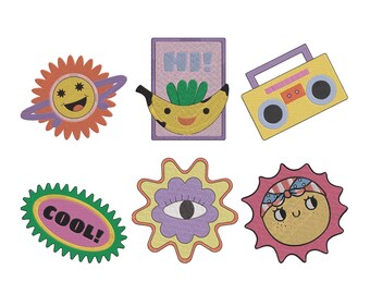 Paquete de diseños de bordado retro de verano, archivo de bordado a máquina Groovy Sun Banana Radio Funky, descarga instantánea, 5 tamaños