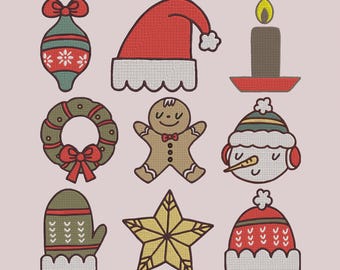 Paquete de diseños de bordado a máquina navideños: pan de jengibre, corona y gorro (descarga digital). Juego de 9 diseños.