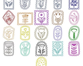 Flower Postage Stamp Machine Embroidery Design, Cute Floral Folk Art Line Art Embroidery Files, Botanical Frame, Instant Digital Download