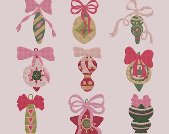 Diseño de bordado a máquina Coquette Christmas, patrones de lazos de adornos vintage, conjunto de 9 archivos digitales de descarga instantánea PES DST.