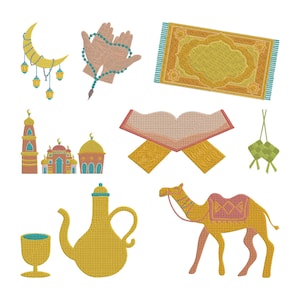 May include: A collection of embroidered Islamic symbols including a crescent moon with lanterns, praying hands with a rosary, a prayer rug, mosques, an open book, a camel, a teapot, a cup, and decorative hanging ornaments. The color palette includes yellow, orange, and blue.