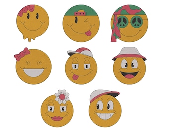 Paquete de diseños de bordado de caras sonrientes de emojis, archivo de bordado a máquina de caras de emojis kawaii, descarga instantánea, 5 tamaños