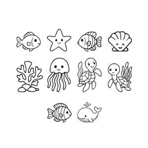 Sea Animals Outline Embroidery Design Bundle, Turtle Seahorse Dolphin Crab Fish Ocean Line Art Machine Embroidery File, 5 Sizes