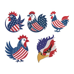 Peut inclure: Cinq motifs patriotiques représentant des coqs et une tête d'aigle. Les motifs utilisent les couleurs du drapeau américain : rouge, blanc et bleu. Les coqs ont des corps étoilés et des motifs rayés.