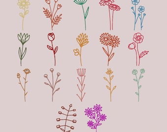 Paquete de bordado a máquina con motivos florales lineales, 17 diseños, 9 tamaños (descarga digital)