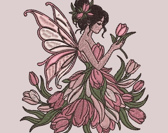 Diseño de bordado a máquina de hada tulipán, archivo de bordado de alas de flores florales, descarga instantánea PES DST