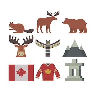Op de afbeelding: Een verzameling van negen geïllustreerde iconen met Canadese symbolen. Inclusief een bever, eland, beer, totempaal, bergen, Canadese vlag, hockeytrui en een Inukshuk. Het kleurenpalet bestaat uit bruin, rood en grijs.