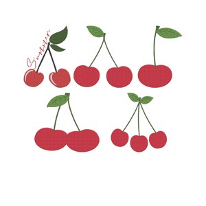 Puede incluir: Ilustración de cerezas rojas con hojas y tallos verdes, dispuestas en varios grupos. La palabra "Summer" está escrita en cursiva. Las cerezas están sobre un fondo blanco.