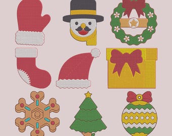 Archivos de bordado a máquina navideños: copo de nieve, árbol, corona, calcetín navideño, adorno (9 diseños) PES DST