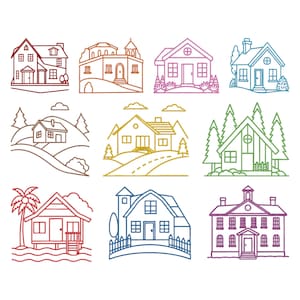 May include: A collection of nine colorful line art illustrations of houses. Each house is depicted in a unique style, ranging from a traditional two-story home to a beach bungalow, all outlined in different colors.