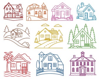 Diseño de bordado "Casa con líneas", archivo de bordado a máquina "Casa con líneas", 10 diseños, 9 tamaños, descarga instantánea
