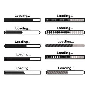 Könnte beinhalten: Eine Sammlung von acht verschiedenen Ladebalken-Grafiken in Schwarz und Weiß. Über jeder Leiste steht der Text "Loading...". Die Designs und Fortschrittsanzeigen variieren, geeignet für Website- oder App-Design.