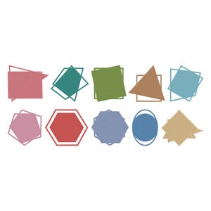May include: A series of ten colourful geometric shapes, including rectangles, squares, triangles, and hexagons. Each shape has a textured pattern and is outlined in a contrasting colour. The shapes are arranged in a row against a white background.