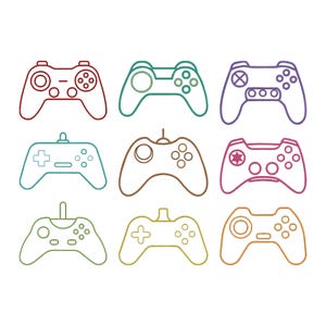 May include: Nine colorful line art illustrations of video game controllers. The controllers are in various colors, including red, green, purple, and brown. Each controller has a unique button layout and design.