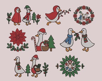 Borduurpatroon van een kerstgans/eend voor de borduurmachine, direct digitaal te downloaden (PES DST).