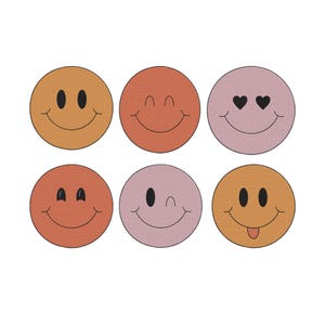 May include: Six retro smiley face designs in shades of orange and pink. Each circle has a different expression, including smiling, winking, and hearts for eyes. The design has a textured appearance, giving it a vintage feel.