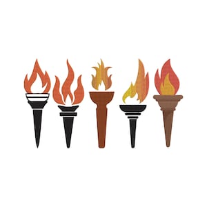 May include: Five stylized torch designs with flames in shades of orange, yellow, and red. The torches have black, brown, and tan handles. The flames have a textured appearance, suggesting a fabric or embroidered design.