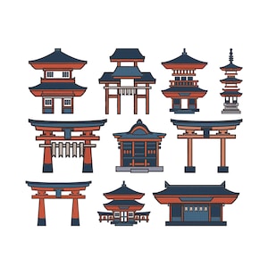 Puede incluir: Una colección de ilustraciones estilizadas de templos y estructuras tradicionales japonesas. Los diseños presentan esquemas de color rojo, azul y naranja, con diversos detalles arquitectónicos. La imagen incluye pagodas, puertas y edificios de templos.