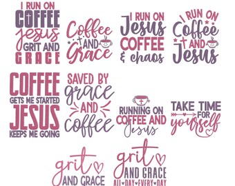 Paquete de diseños de bordado con citas cristianas sobre café, archivo de bordado a máquina con tipografía "Jesus Grace Grit", descarga instantánea, 7 tamaños.