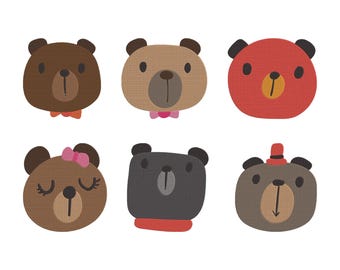 動物のクマの顔の刺繍デザイン、動物のクマの顔の機械刺繍ファイル、6つのデザイン、6つのサイズ、すぐにダウンロード