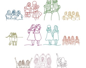 Paquete de diseños de bordado lineales de amigas, archivos de bordado a máquina de hermandad, descarga instantánea, 7 tamaños