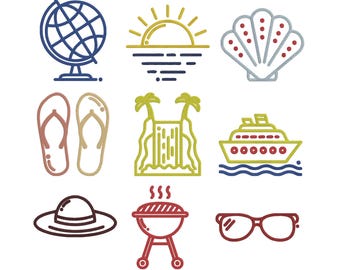 Paquete de diseños de bordado de arte lineal de verano para viajes, archivo de bordado a máquina de vacaciones, crucero por la playa, puesta de sol, descarga instantánea, 9 tamaños.