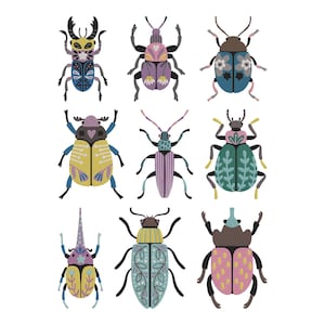 Puede incluir: Nueve ilustraciones coloridas y estilizadas de escarabajos con patrones y diseños intrincados. Los escarabajos presentan una variedad de colores, incluyendo azul, amarillo, rosa y verde, con alas y cuerpos detallados.