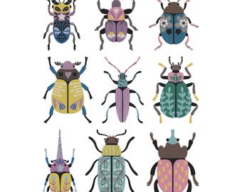 Folk Beetle Embroidery Design, Scandinavian Bug Collection Machine Embroidery File, 9 Design, 9 Size, Instant Download