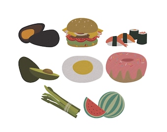 Paquete de diseños de bordado de hamburguesas, papas fritas y pizza de comida rápida, archivo de bordado a máquina de comida de restaurante, descarga instantánea, 9 tamaños