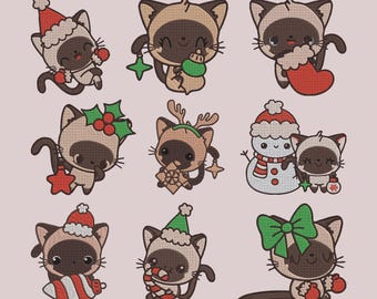 Paquete de bordado a máquina de gato siamés navideño, 9 diseños festivos (descarga instantánea) PES DST