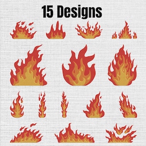 May include: A digital collection of 15 designs featuring various flame shapes in shades of red, orange, and yellow. Each graphic depicts stylized fire with distinct flickering patterns, arranged in a grid on a light gray textured background.