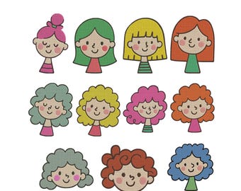Girl Face Character Machine Embroidery Design, Colorful Hair,  Instant Digital Download